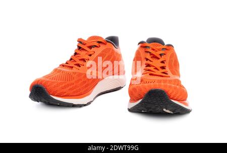 Paar orange Sport Sneaker isoliert auf weißem Hintergrund Stockfoto