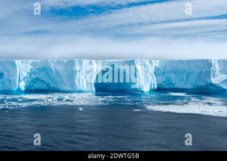 Schöner blauer Eisberg und Eisscholle in Admiralty Bay, Antarktis. Stockfoto