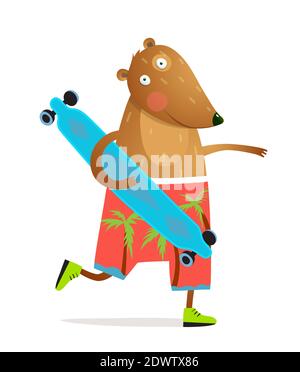 Kinder Bär Tier Skating mit Longboard Fun Design Stock Vektor