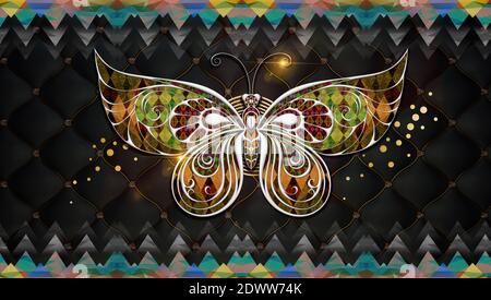 3d Wandbild Kunst Tapete Silber Schmetterling und farbige Dreiecke. Schwarzer Hintergrund und goldenes Licht und Kreise. Geeignet für Leinwand Wandrahmen. Stockfoto