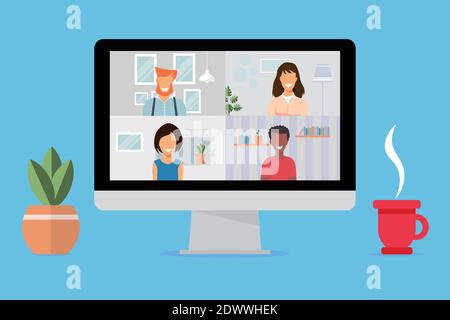 Personen, die an Videokonferenzen am Computer arbeiten und chatten. Neues Normal und covid 19 Konzept. Vektor-Illustration mit flachem Design Stock Vektor