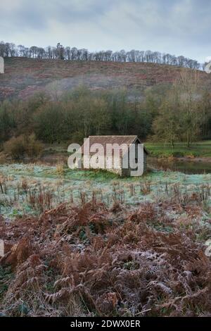 Bootshaus an einem nebelbedeckten Fluss Wye in Brockweir. Stockfoto