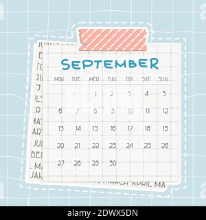 September 2021 Monatskalender. Blauer Text auf quadratischen Papier mit Punkten. Ein Stück Zeitung ist unten, niedliche rosa Scotch, gemustertes Klebeband Stock Vektor
