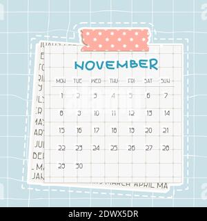 November 2021 Monatskalender. Blauer Text auf quadratischen Papier mit Punkten. Ein Stück Zeitung ist an der Unterseite, niedlich rosa Scotch, gemustertes Klebeband w Stock Vektor