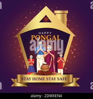 Happy Pongal Grüße. Ein Familienpry vor dem Haus mit Tragen chirurgische Maske. Covid Corona Virus Konzept. vektor-Illustration Design Stock Vektor