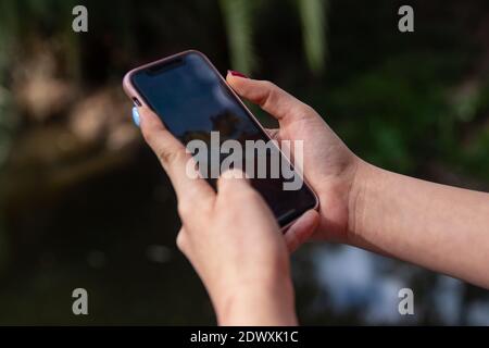 Nahaufnahme der Hände einer jungen Frau mit einem Mobiltelefon Stockfoto