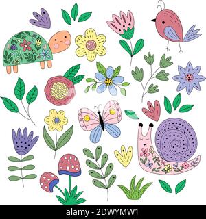 Set aus Frühlingselementen, Blumen, Blättern, Schmetterlingen Stock Vektor
