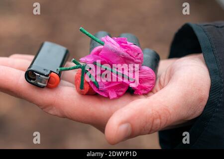 Die Feuerwerkskörper in der Hand. Mann hält fünf schwarze Petards mit einem Gasfeuerzeug auf seiner Handfläche. Ein Mensch mit Pyrotechnik im Freien Stockfoto