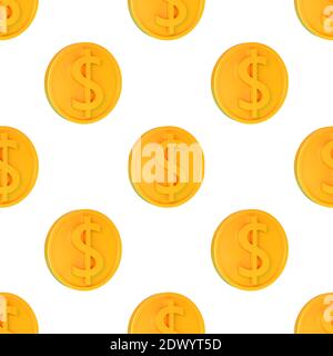 Realistische Gold 3d-Münzen mit Dollar-Zeichen nahtlose Muster. Nahtlose Verpackung Muster von glänzendem Geld 3d Render Illustration Stockfoto
