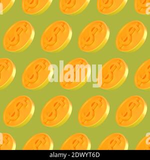 Realistische Gold 3d-Münzen mit Dollar-Zeichen nahtlose Muster. Nahtlose Verpackung Muster von glänzendem Geld 3d Render Illustration Stockfoto