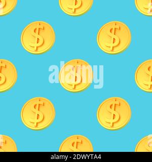 Realistische Gold 3d-Münzen mit Dollar-Zeichen nahtlose Muster. Nahtlose Verpackung Muster von glänzendem Geld 3d Render Illustration Stockfoto