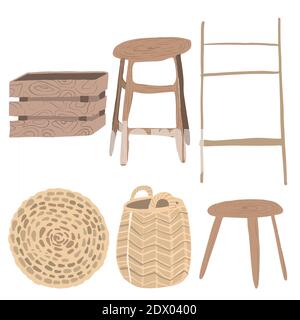 Handgezeichnete Illustration mit Wohndekor-Elementen im Boho-Stil. Stockfoto