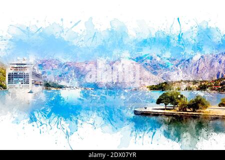 Aquarellzeichnung. Malerische Panoramablick auf die historische Stadt Kotor an der Küste, von denen es ein Linienflugzeug in der Bucht von Kotor unter befindet Stockfoto