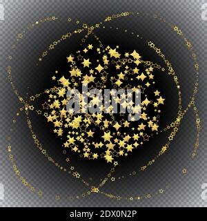 Goldene realistische Flugsterne isoliert auf Schwarz. Luxus glänzend wenig zufällig stellaren fallen. Runder Rahmen von kleinen leuchtenden Sternen. Dekorativer goldener Lauch Stock Vektor