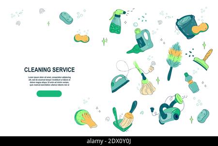 Reinigung Service Website Banner Vorlage, Doodle Stil Cartoon Vektor Illustration. Stock Vektor