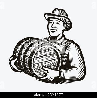 Bauer mit Holzfass Wein. Whiskey alkoholische Getränk Skizze vintage Vektor Illustration Stock Vektor