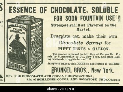 Antik Juni 1896 Werbung von Runkel Bros of New York reine Schokoladenessenz für Soda-Wasser-Sirupe im Druggists Circular and Chemical Gazette. QUELLE: URSPRÜNGLICHE WERBUNG Stockfoto