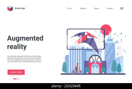 Vektorvorlage für die Zielseite für Augmented Reality. Game Experience Website Interface Idee mit flachen Illustrationen. Layout der interaktiven Medienhomepage. Digitale Welt Web-Banner, Website Cartoon-Konzept Stock Vektor