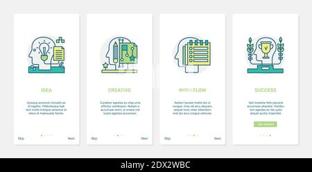 Kreative erfolgreiche Idee, menschliches Gehirn verarbeitet Vektor-Illustration. UX, UI Onboarding mobile App Seite Bildschirm mit Linie Erfolg Brainstorming Workflow, Kreativität Fähigkeiten, Macht des Geistes und Wissen Stock Vektor