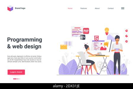 Cartoon Wohnung Mann Frau Programmierer Entwickler arbeiten, Coder Zeichen erstellen Programm-Software, moderne Technologie entwickeln, Tech-Codierung Prozess Landing Page. Leute programmieren Vektor Illustration Stock Vektor