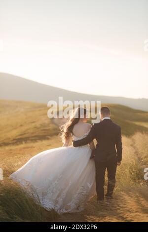 Rückansicht der attraktiven Braut und stilvollen Bräutigam genießen romantische Momente in den Bergen bei Sonnenuntergang in schönen Sommertag. Hochzeitspaar im Feld Stockfoto