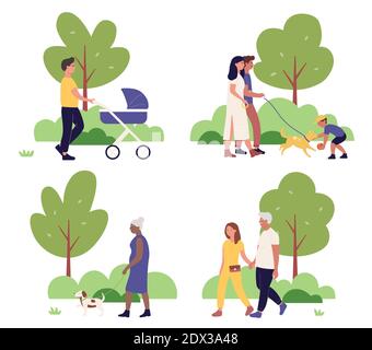 Menschen zu Fuß in Stadtpark zusammen Vektor Illustration Set. Cartoon Stadtbild Sommer Park Szenen Sammlung, glückliche Familienfiguren zu Fuß und spielen mit Hund, Vater mit Kinderwagen isoliert auf weiß Stock Vektor