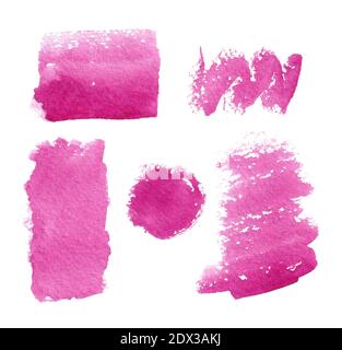 Satz von Aquarellflecken auf weißem Hintergrund. Aquarell-Texturen mit Pinselstrichen. Isolierte rosa, fuchsia, lila Flecken. Stockfoto