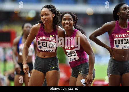 Allyson Felix und Shelly-Ann Fraser-Price beim 200m-Lauf der Frauen beim IAAF Diamond League Areva Athletics Meeting am 5. Juli 2014 in Paris, Frankreich. Foto von Laurent Zabulon/ABACAPRESS.COM Stockfoto