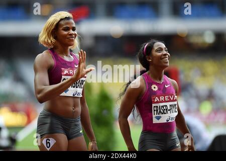 Segen Okagbare, Allyson Felix und Shelly-Ann Fraser-Price beim 200m-Lauf der Frauen beim IAAF Diamond League Areva Athletics Meeting am 5. Juli 2014 in Paris, Frankreich. Foto von Laurent Zabulon/ABACAPRESS.COM Stockfoto