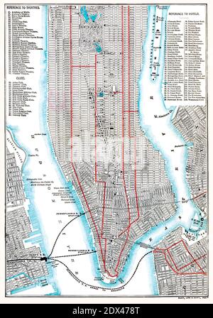 New York City Sehenswürdigkeiten in 1892. Der Stadtplan von New York zeigt Eisenbahnen, Theater, Hotels und Sehenswürdigkeiten. Stockfoto