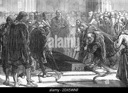 Gravur der Beerdigung des Reformators Martin Luther in Wittenberg. Stockfoto