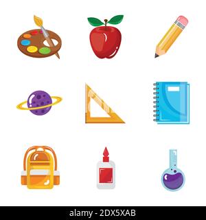 Bündel von neun Back to School Set Sammlung Symbole Stock Vektor