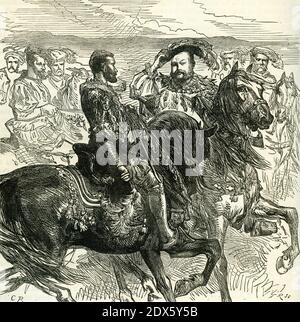 Stich des französischen Königs Franz I. (links) Gruß des englischen Königs Heinrich VIII. Auf dem Feld des goldenen Tuches bei Calais in frankreich, 7. Juni 1520. Die Könige trafen sich, um bessere Beziehungen zu schaffen, aber endete in Konflikt. Stockfoto