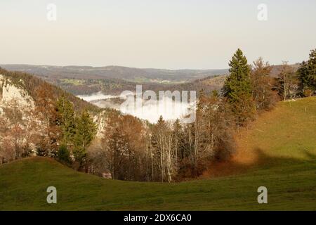 Blick vom Wanderweg nach Chasseral in ein Tal gefüllt Mit Nebel Stockfoto