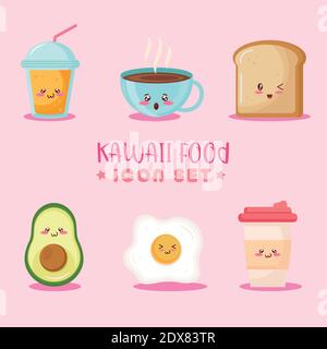 Bündel von sechs Kiut Food Kawaii Zeichen und Schriftzug Stock Vektor