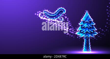 Santa Sleigh, Pinien, fröhliche weihnachten Landing Page, low Poly Drahtmodell, Vektor-Illustration Stock Vektor
