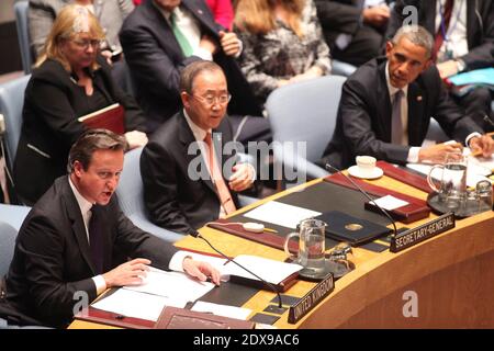 Präsident Barack Obama leitet den Gipfel des Sicherheitsrates der Vereinten Nationen über ausländische Terrorkämpfer bei der 69. Generalversammlung der Vereinten Nationen. Der britische Premierminister David Cameron. New York City, NY, USA, 24. September 2014. Foto von Allan Tannenbaum/Pool/ABACAPRESS.COM Stockfoto