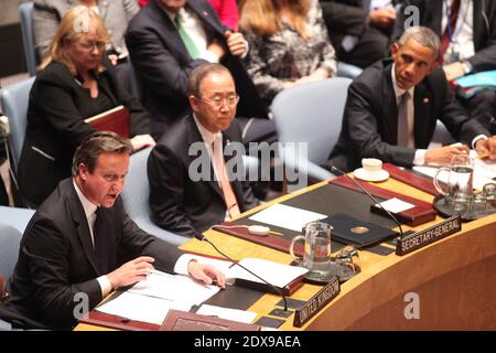 Präsident Barack Obama leitet den Gipfel des Sicherheitsrates der Vereinten Nationen über ausländische Terrorkämpfer bei der 69. Generalversammlung der Vereinten Nationen. Der britische Premierminister David Cameron. New York City, NY, USA, 24. September 2014. Foto von Allan Tannenbaum/Pool/ABACAPRESS.COM Stockfoto