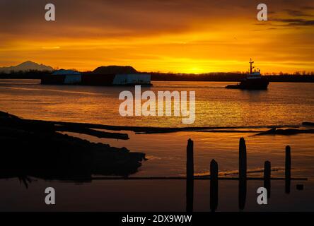 Sonnenaufgang Tugboat Fraser River. Ein Schlepper auf dem Fraser River bei Sonnenaufgang in British Columbia, Kanada bei Vancouver. Stockfoto