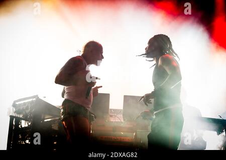 Keith Flint, Lead Singer of The Prodigy, Dies at 49 - Datei Bilder der Prodigy Band mit Gesang Keith Flint beim Paleo Festival von Nyon am 25. Juli 2014. Foto von Loona/ABACAPRESS.COM Stockfoto