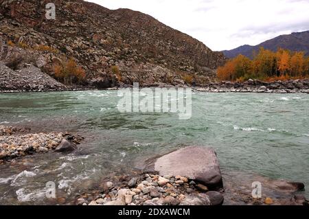 Der Ort, an dem ein kleiner Gebirgsfluss in einen turbulenten Strom mündet, der am Hang eines hohen Berges liegt. Zusammenfluss von Katun und Big Yaloman, Altai Stockfoto