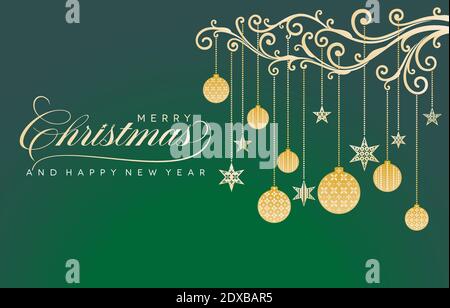 Weihnachten Grußkarte mit floralen Ornament Kugeln Muster, Frohe Weihnachten & Frohe Neujahr fortuna Gold mit tidewater grünen Hintergründe für Banner Stock Vektor