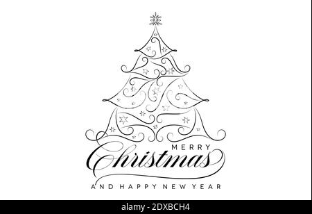 Frohe Weihnachten & Frohes neues Jahr monochromes Design, Monoline Merry christmas Tree Ornament, handgezeichnete Schrift für Grußkarten, Banner Stock Vektor