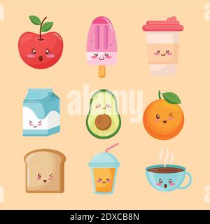 Bündel von neun Kiut Food Kawaii Zeichen Stock Vektor