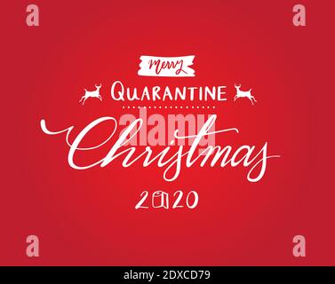 Frohe Quarantäne Weihnachten 2020 Handgezeichneter Text auf rotem Hintergrund Stock Vektor