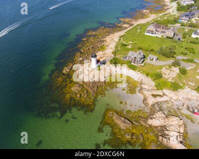 Annisquam Harbour Lighthouse, Blick von oben, Gloucester, Cape Ann, Massachusetts, MA, USA. Dieser historische Leuchtturm wurde 1898 am Fluss Annisquam erbaut. Stockfoto