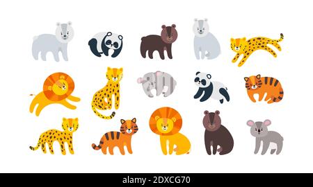 Zoo Tiere Set mit Löwen, Leoparden, Tiger und Bären. Große Sammlung von wilden Tieren. Vektorgrafik im flachen Stil Stock Vektor