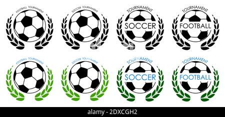 Symbole Sportball für Fußball auf weißem Hintergrund mit Gewinner Lorbeerkranz. Fußballwettbewerb. Isolierter Vektor Stock Vektor