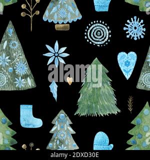 Skandinavische Weihnachten nahtlose Muster auf schwarzem Hintergrund. Aquarell Illustration von Folk floralen Elementen. Geheimnisvoller Winterwald handbemalt Stockfoto