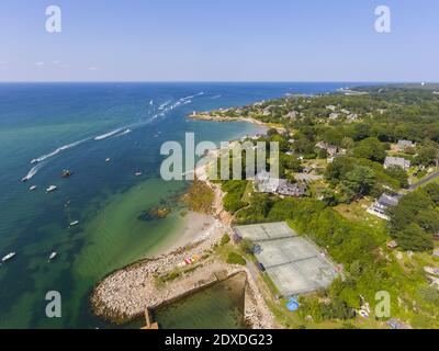 Annisquam Dorf Küstenlinie Luftaufnahme in der Nähe Wingaersheek Beach in der Stadt Gloucester, Cape Ann, Massachusetts, MA, USA. Stockfoto